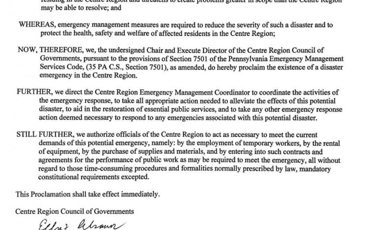 Centre Region COVID-19 Disaster Declaration